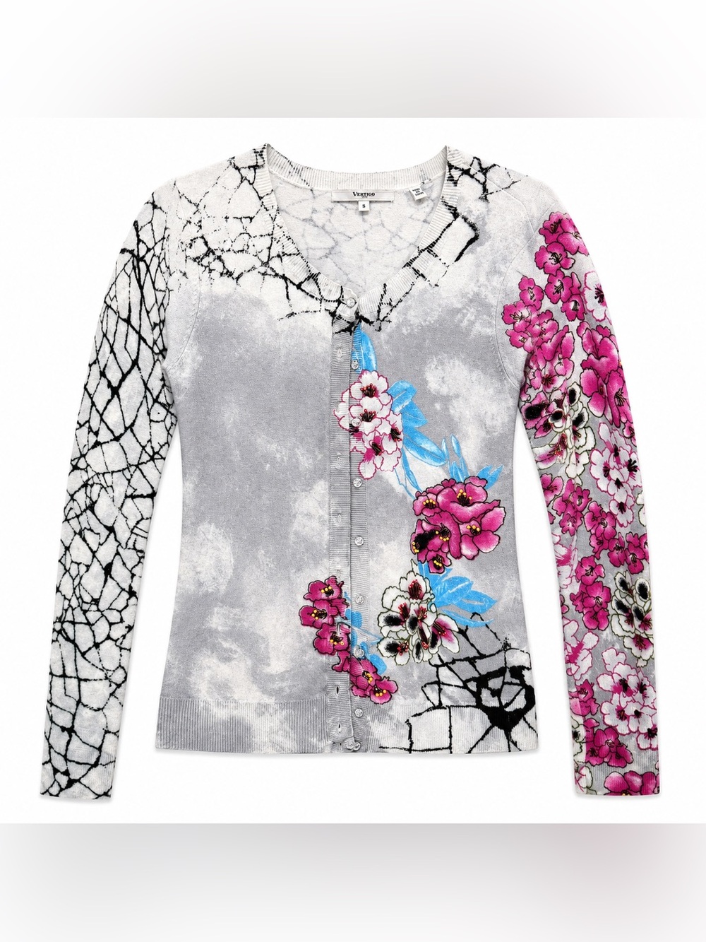 Vertigo Paris Womens S Silk Blend Cardigan Floral Beaded Gray Pink Y2K Art Wear